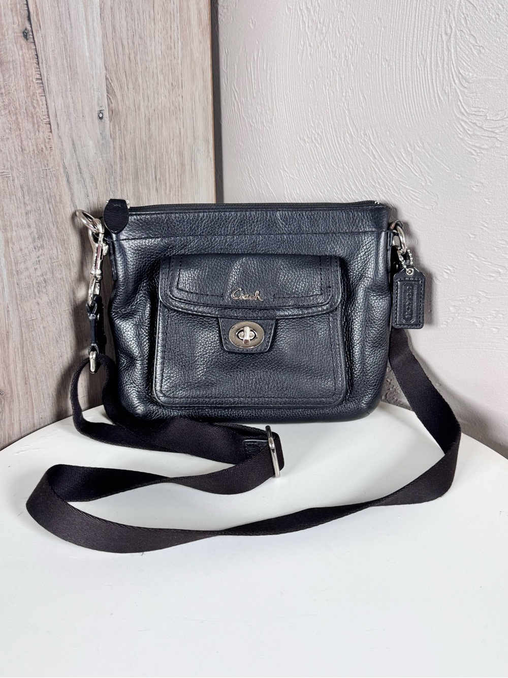 Coach Black Pebbled Leather Turn-Lock Shoulder Crossbody